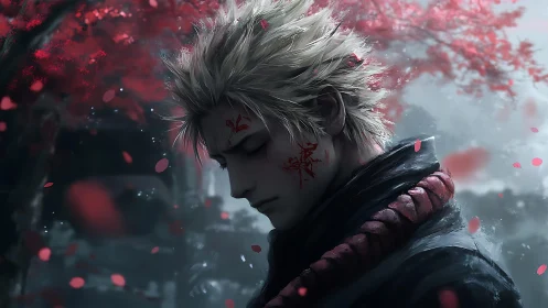 Brooding warrior with glowing red tattoos under falling petals.