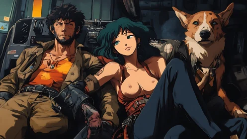 Post-mission cockpit downtime with cybernetic drifters and dog.