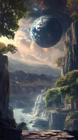 Floating planet above lush canyon waterfalls at dusk.