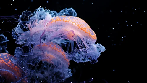 Bioluminescent jellyfish drift through abyssal dark field