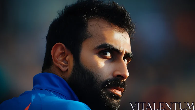 Side-lit bearded athlete portrait shows shallow depth and tense gaze