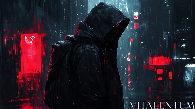 Hooded figure in neon red cyberpunk city at night.