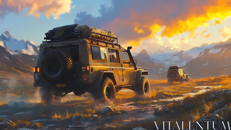 Two off-road vehicles traverse a wet mountain valley