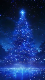 Luminous blue Christmas tree under starfield with glowing floor