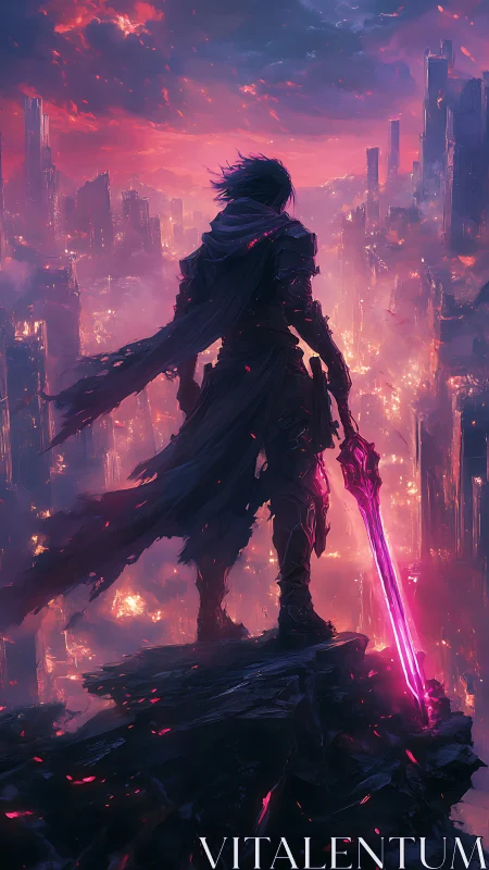 Lone neon swordsman above burning cyber ruins at dusk.
