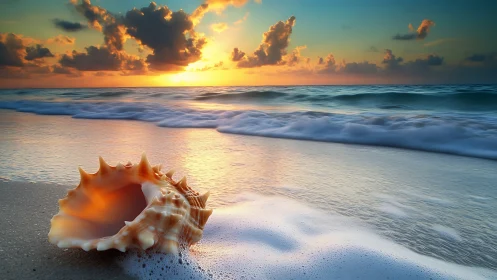 Sunlit seashell on foamy shoreline at vivid sunset.