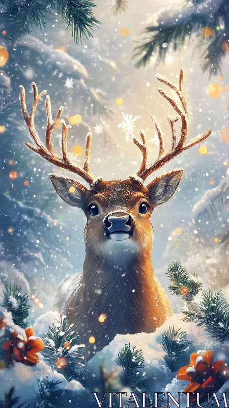 Deer with antlers in snowy conifer forest vertical scene.