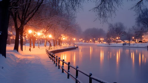 Snow-laden riverside path under sodium streetlights at blue hour