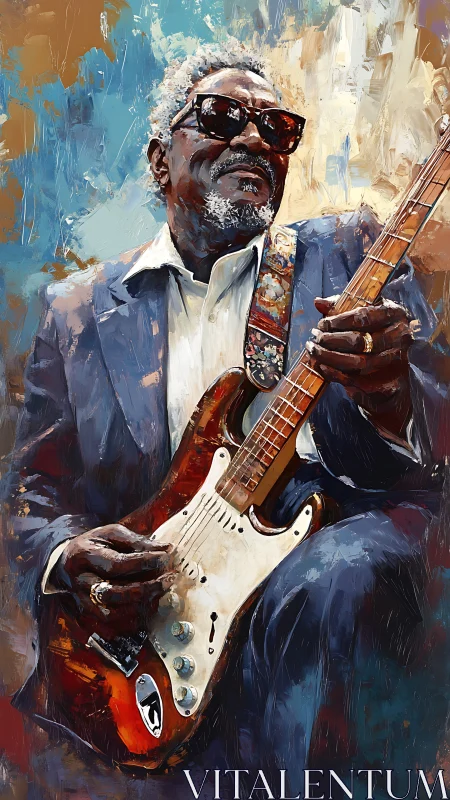 Older guitarist in suit holds electric guitar against abstract background