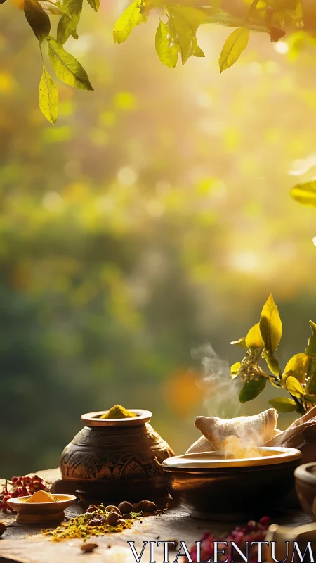 Steaming herbal decoction sits on rustic table in warm light