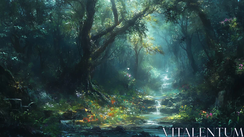 Wooded stream scene with atmospheric light rays penetrating dense canopy.