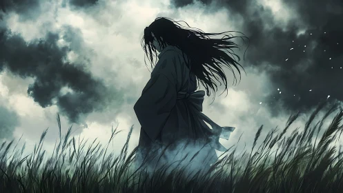 Solitary figure in windy grassland under heavy clouds.