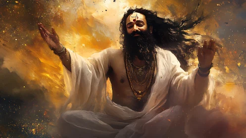 Seated robed figure with raised arms in abstract light field.