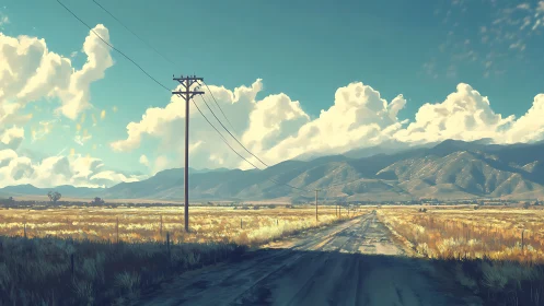 Rural dirt road stretches toward distant blue mountains