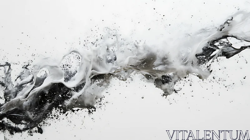 Monochrome liquid splash arcs diagonally across pale background