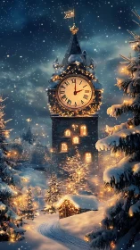 Snow-laden clock tower with warm bokeh lights in nocturnal snowfall