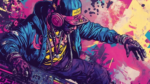 Neon urban DJ mixing deck in dynamic comic street art