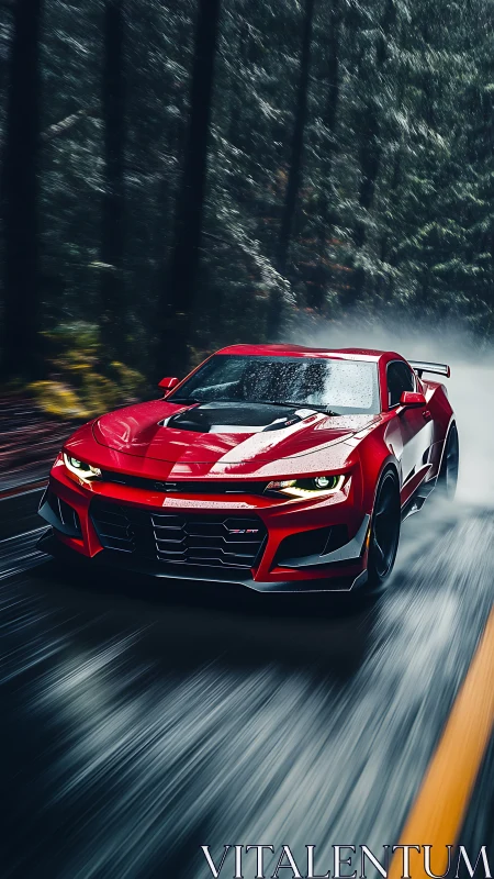 Red performance coupe powers through wet forest highway.