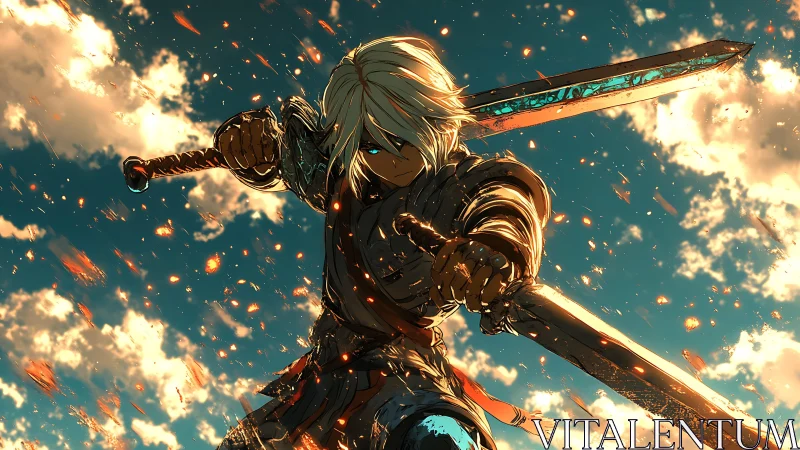 White haired warrior with twin swords in burning sky