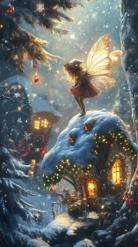 Snowlit roof fairy guarding a twinkling winter cottage.