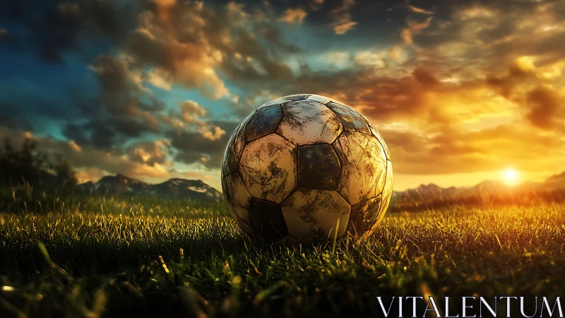 Weathered soccer ball rests on sunlit pitch at golden hour