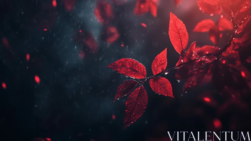 Macro study of red foliage with raindrops in low key light