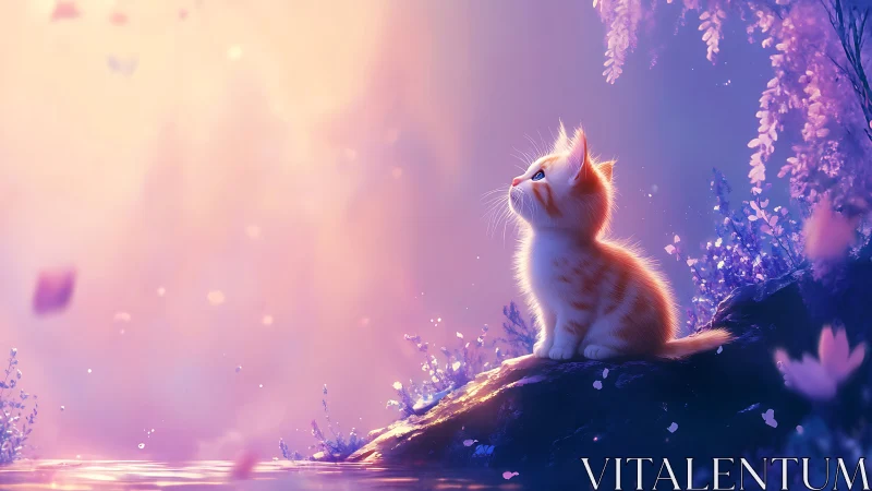 Orange and white kitten sitting on branch in ethereal pink atmosphere.