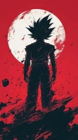 Silhouetted warrior before full moon on red ground.