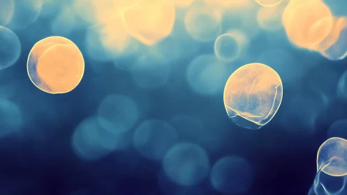 Defocused translucent bubbles in cyan teal bokeh field