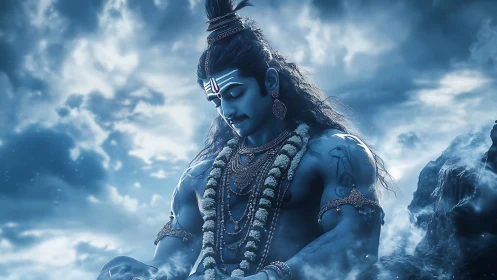 Serene blue deity in quiet mountain mist at dawn.