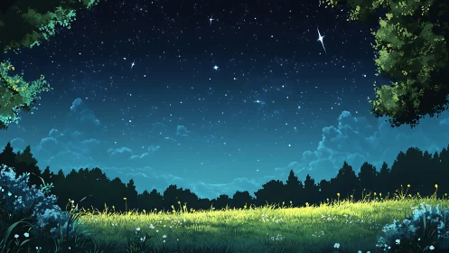 Starlit meadow rendered in serene nocturnal digital painting