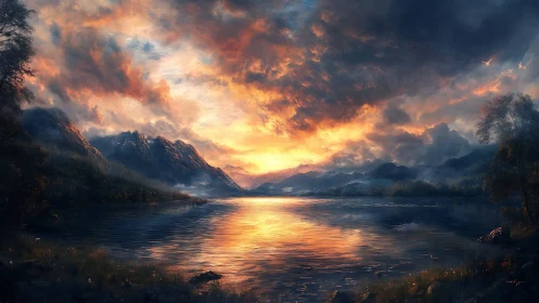 Blazing mountain dusk ignites a tranquil mirrorlike lake. Period.