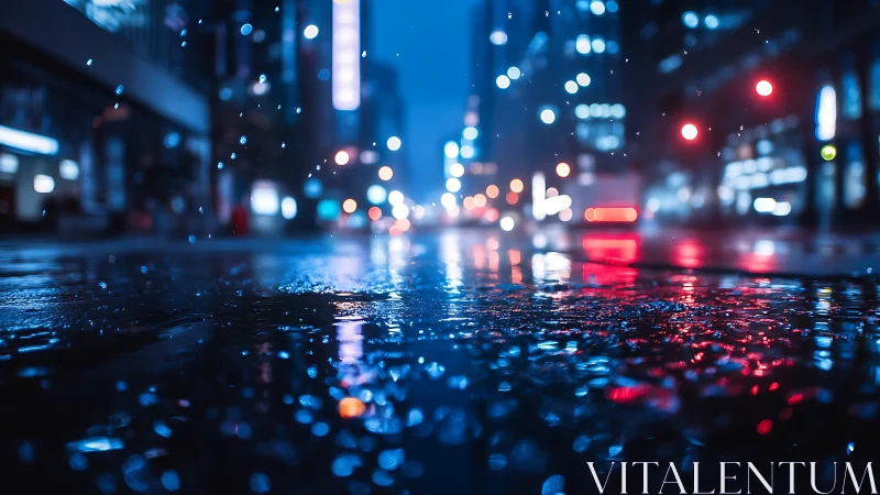 Nocturnal city streetscape with shallow depth and neon bokeh.