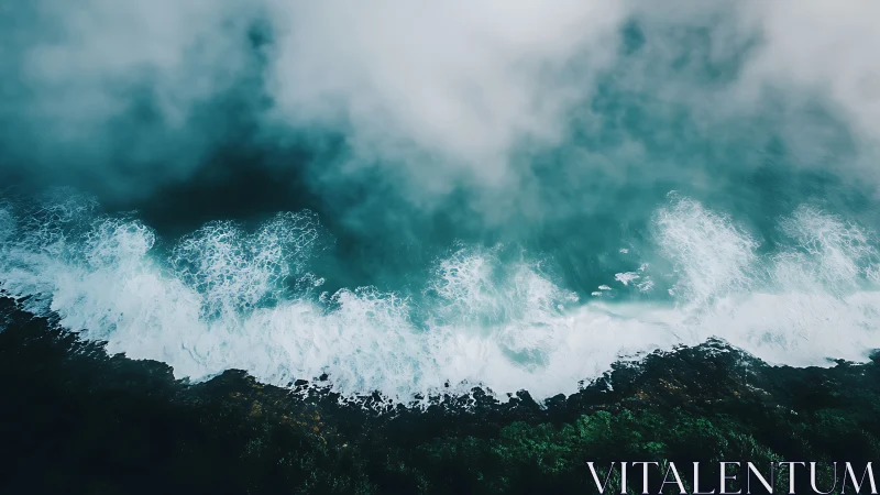 Aerial coastal surf banded with mist and forest edge panorama.