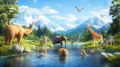Multiple savanna animals stand by a clear river in mountains