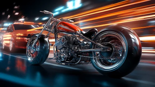 Chromed performance chopper in neon-accelerated urban transit.