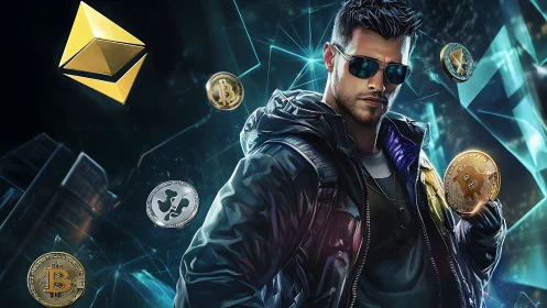 Cyberpunk crypto trader portrait in neon urban matrix space.