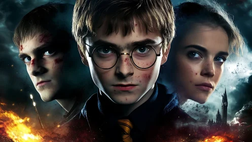 Storm-lit trio of young heroes in cinematic fantasy poster.