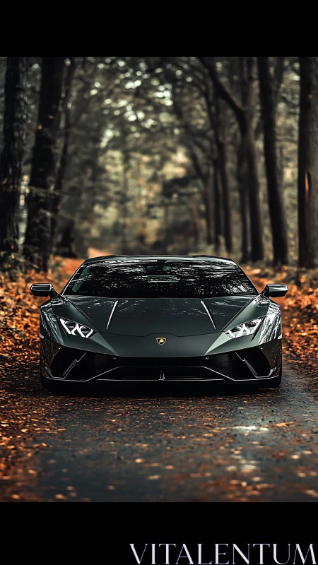 Sleek sports car rests calmly on a quiet autumn forest road