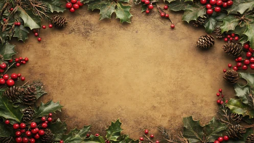 Holly leaves, berries and pine cones framing blank brown card.