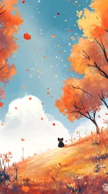 Solitary black cat on autumn hillside under drifting foliage