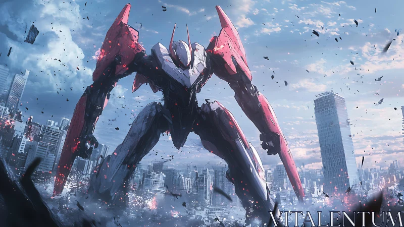 Colossal red mecha storms futuristic city in battle stance.
