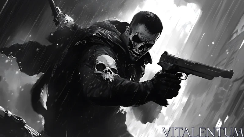 Tactical skull-masked gunman in dynamic monochrome rainfall