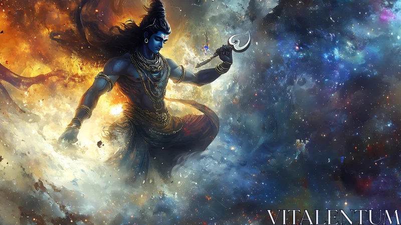 Cosmic blue-skinned deity in storm of nebular clouds.