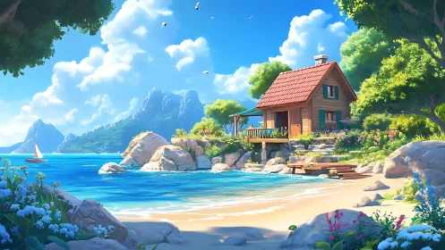 Digital coastal landscape depicting rustic architectural dwelling with advanced lighting rendering