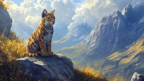 Alpine Lynx Portrait Overlooking Mountain Valley Landscape