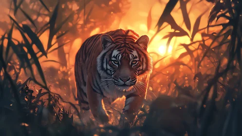 Low-angle tiger approach in volumetric backlit jungle glow.