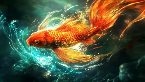 Glowing golden koi drifting through dreamy teal waters.