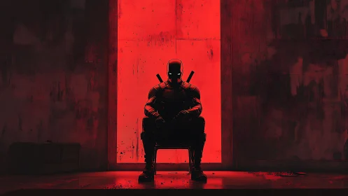 Brooding masked warrior sits poised in a bold red doorway