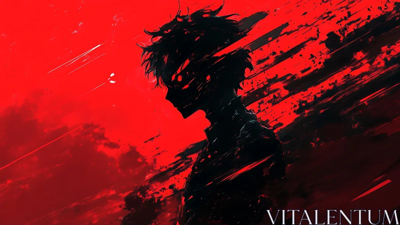 Silhouetted figure in chaotic red brushstroke abstraction.